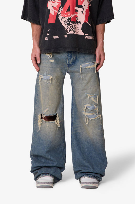 Ultra Wide Distressed Denim - Blue