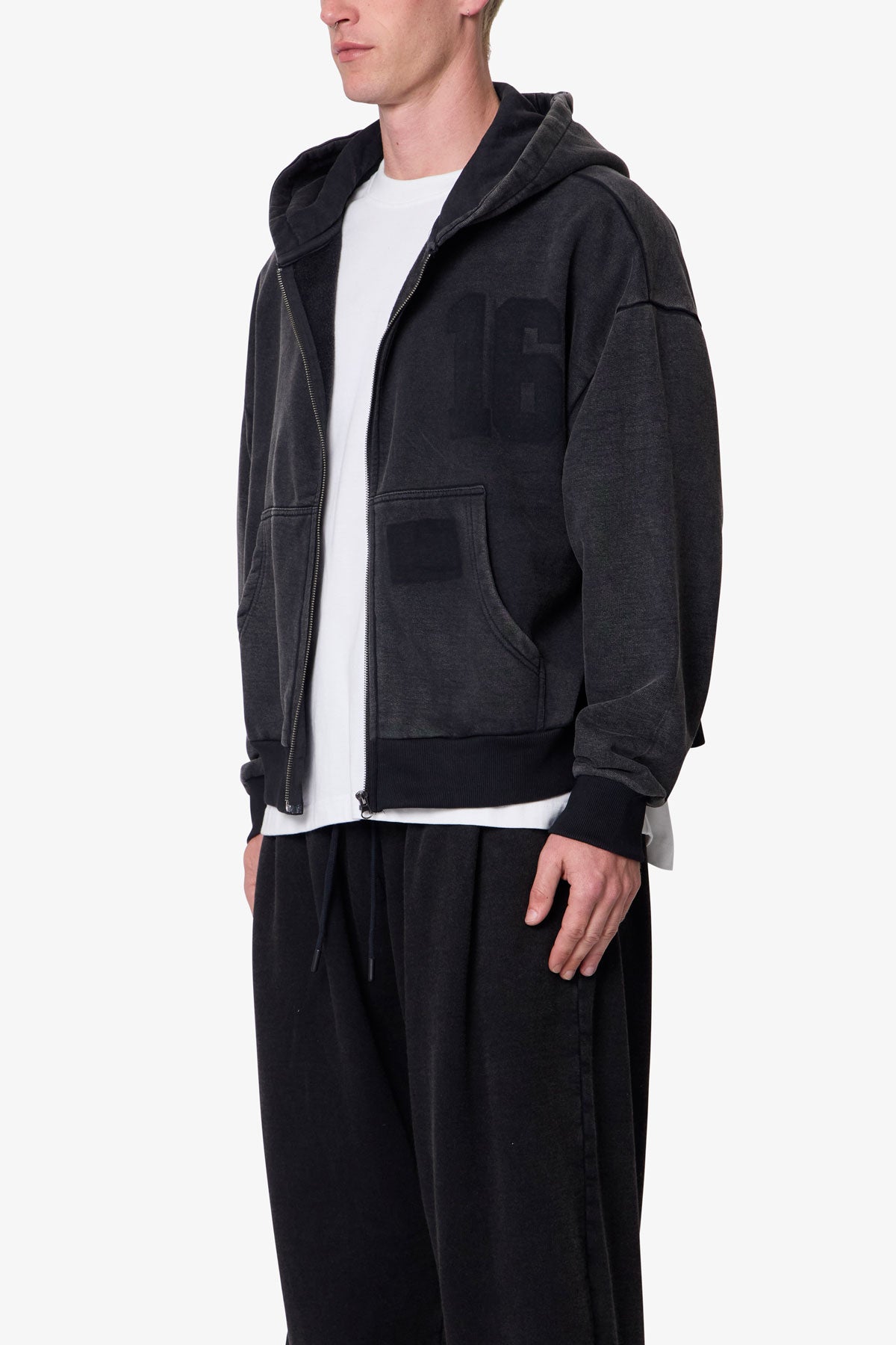 Vintage Back Yoke Zip Up Hoodie - Washed Black