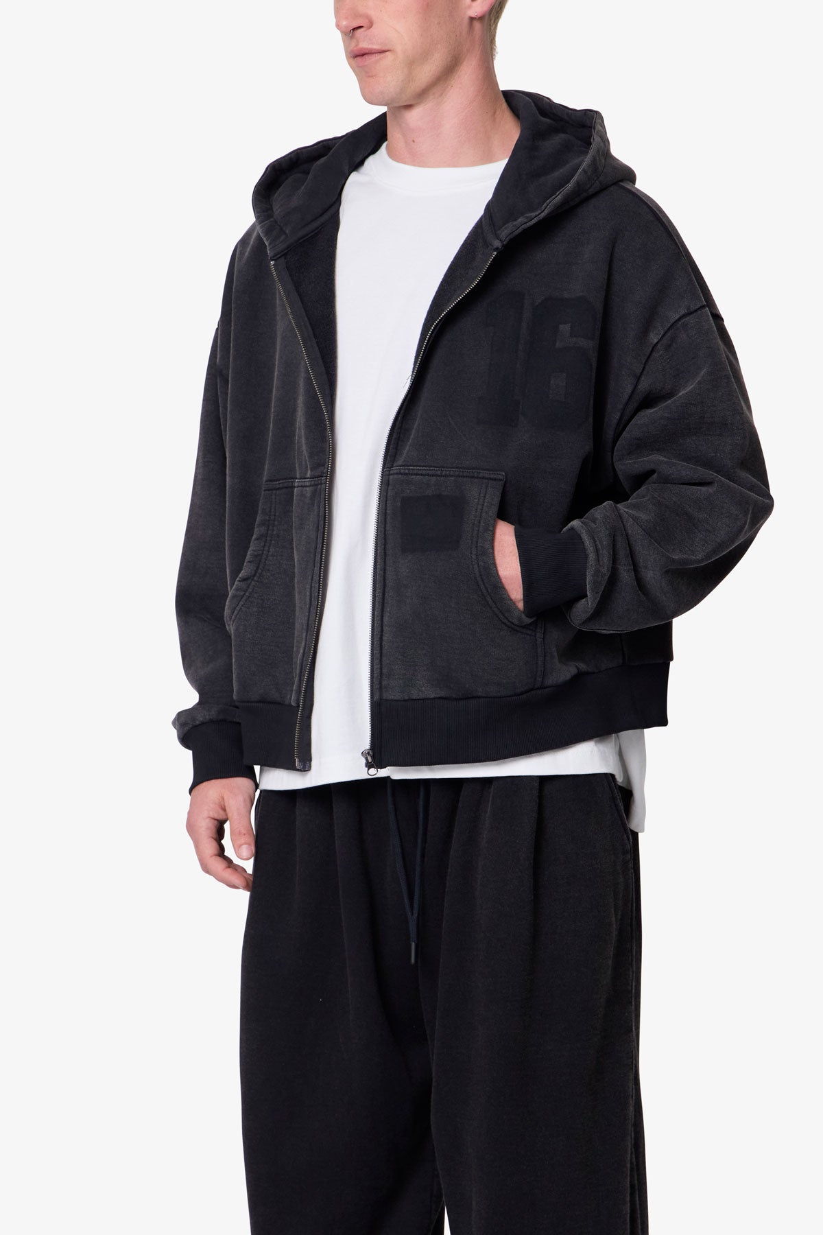 Vintage Back Yoke Zip Up Hoodie - Washed Black