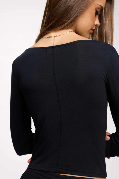 Slinky Jersey Boat Neck Long Sleeve Shirt | Black