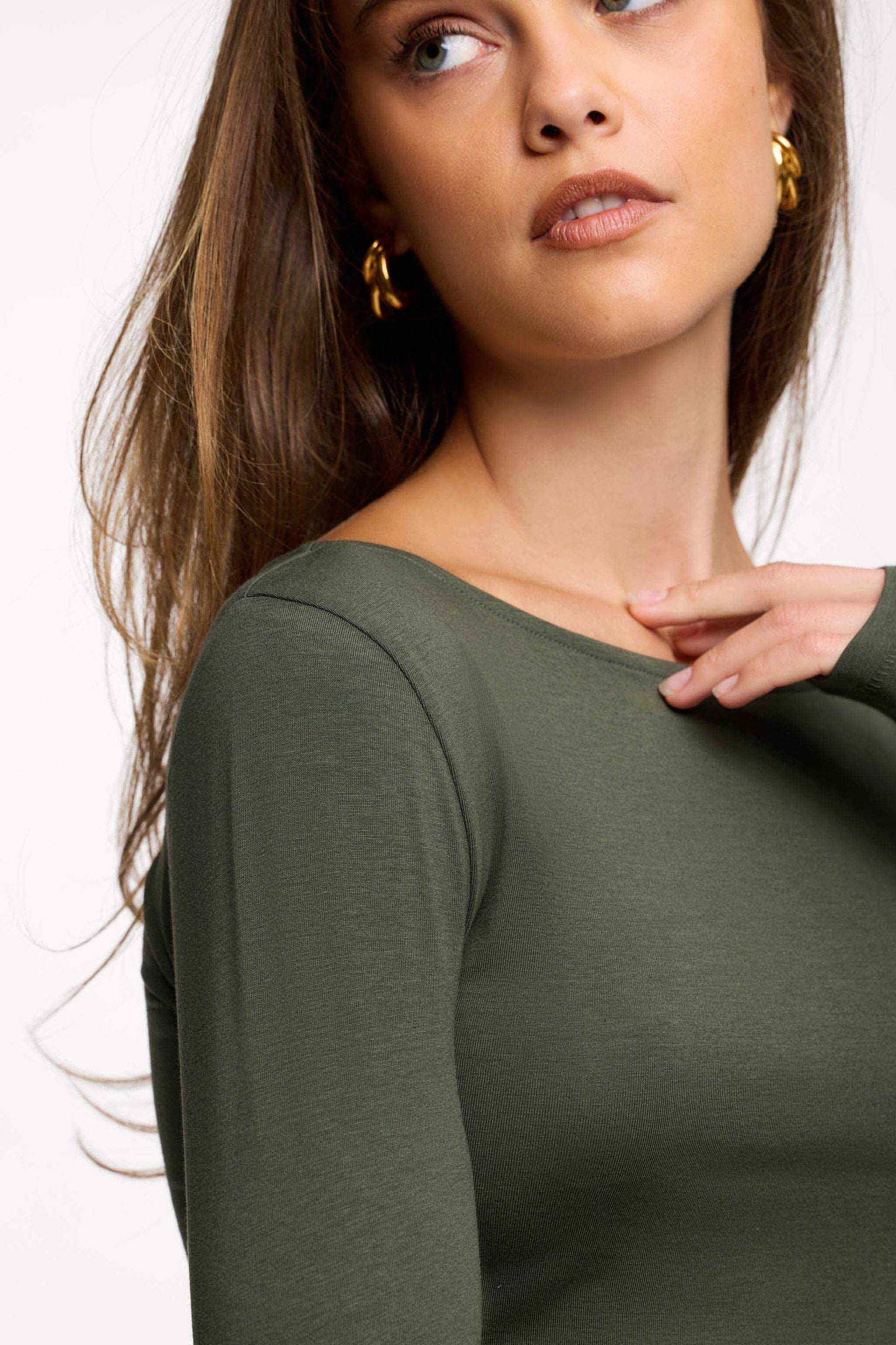 Slinky Jersey Boat Neck Long Sleeve Shirt | Darkest Olive