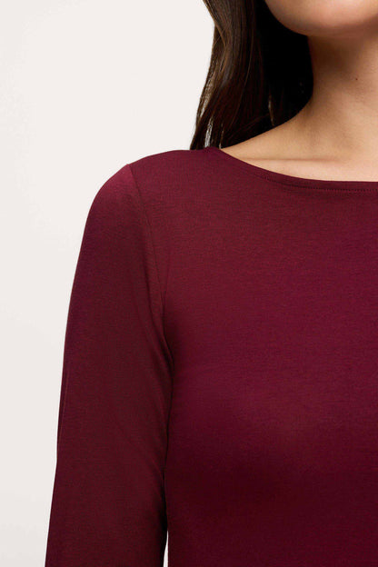 Slinky Jersey Boat Neck Long Sleeve Shirt | Ruby
