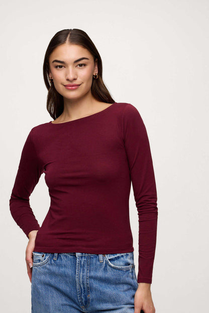 Slinky Jersey Boat Neck Long Sleeve Shirt | Ruby