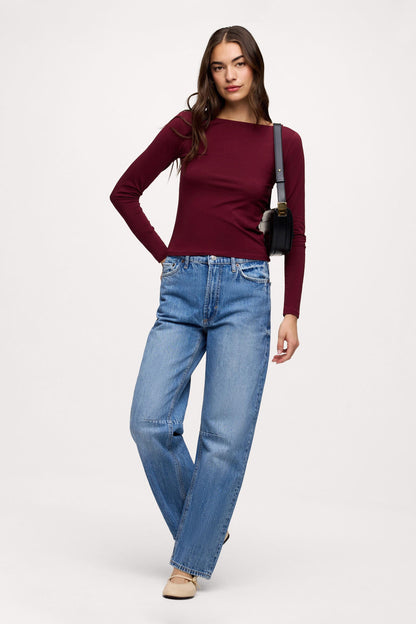 Slinky Jersey Boat Neck Long Sleeve Shirt | Ruby