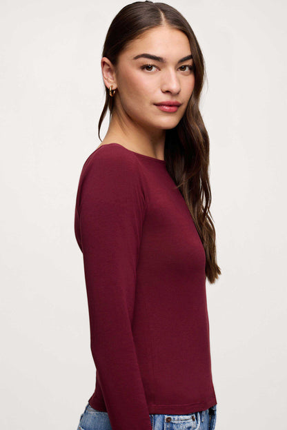 Slinky Jersey Boat Neck Long Sleeve Shirt | Ruby