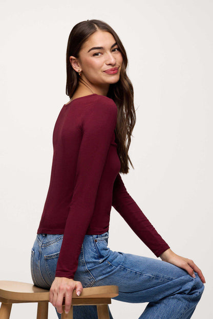 Slinky Jersey Boat Neck Long Sleeve Shirt | Ruby