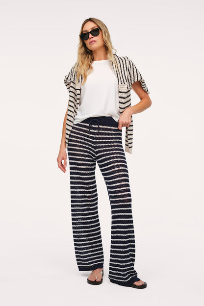 Cotton Crochet Sweater Pant | Navy Stripe