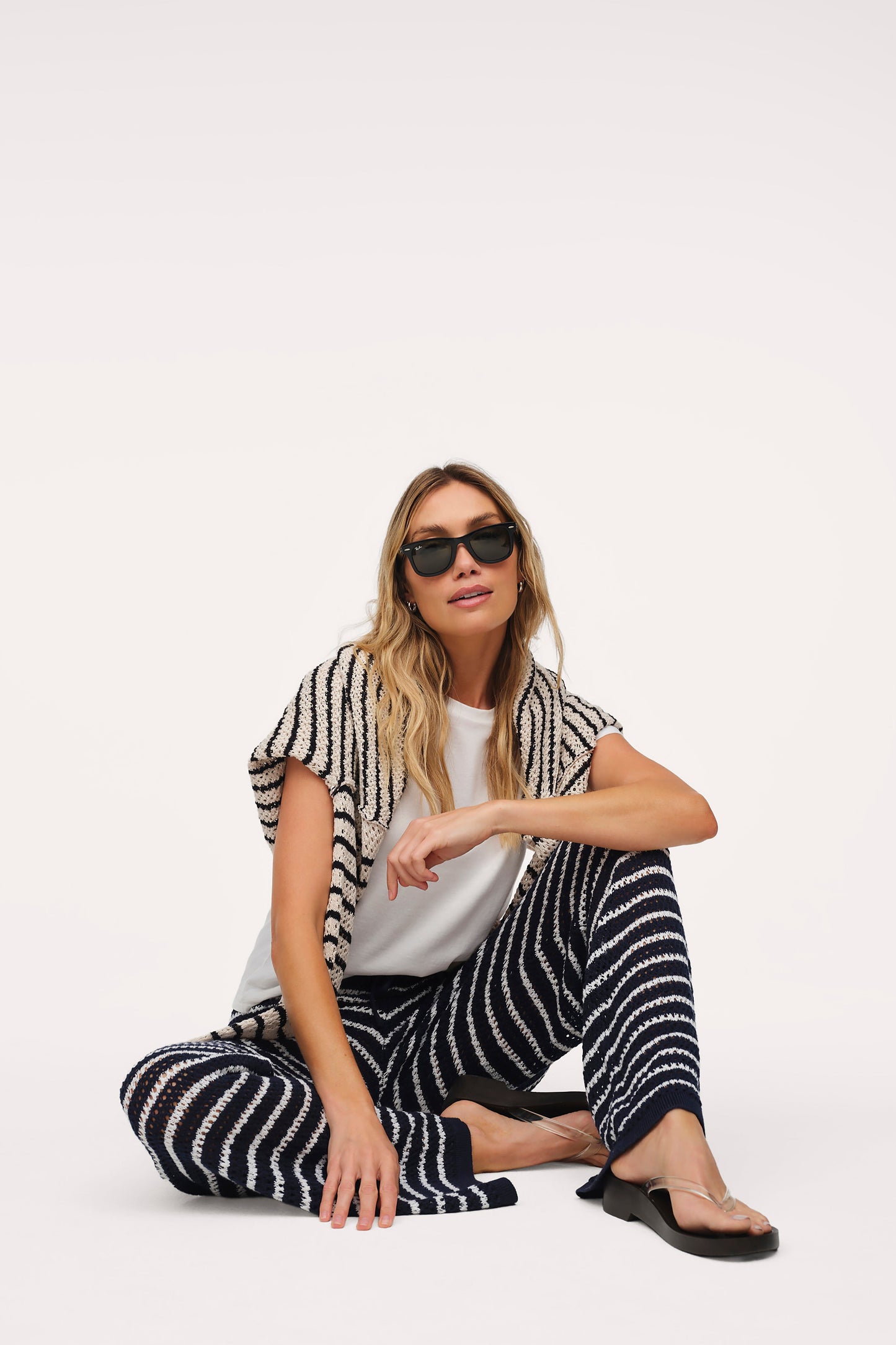 Cotton Crochet Sweater Pant | Navy Stripe