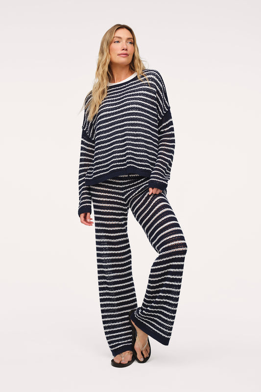 Cotton Crochet Sweater Pant | Navy Stripe