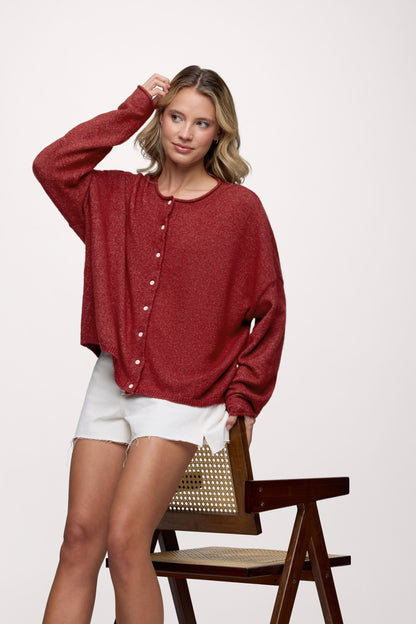 Cozy Knit Boxy Cardigan | Heather Scarlet