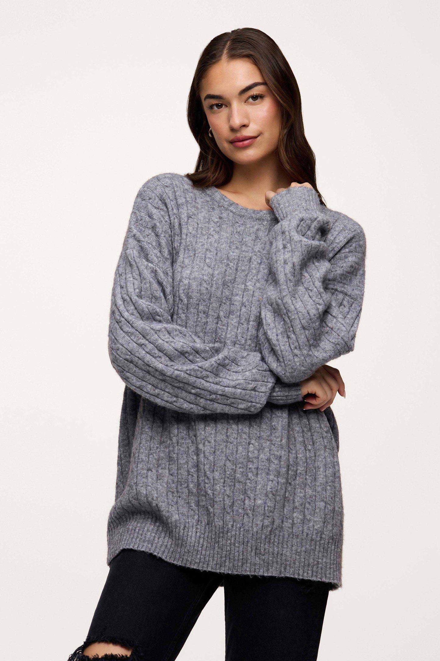Cozy Knit Cable Crewneck Sweater | Charcoal