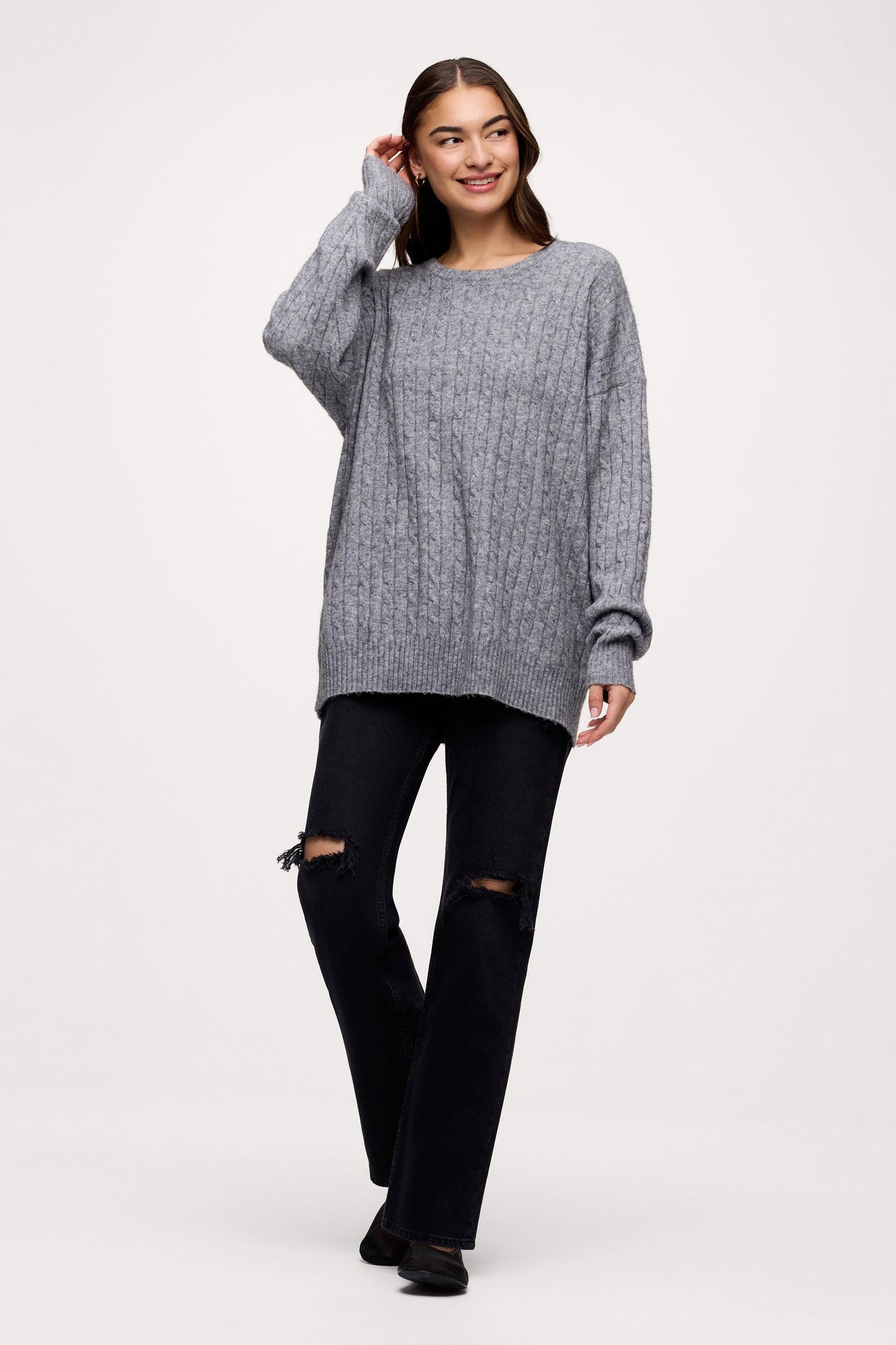 Cozy Knit Cable Crewneck Sweater | Charcoal