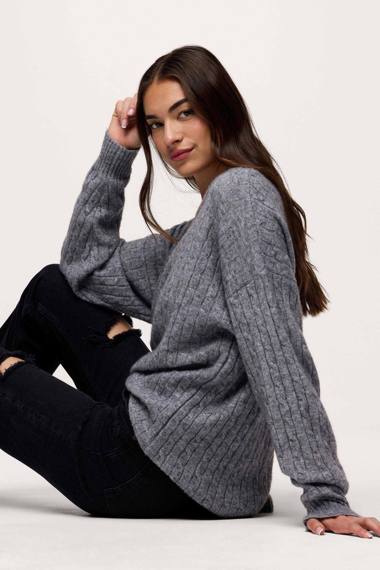 Cozy Knit Cable Crewneck Sweater | Charcoal