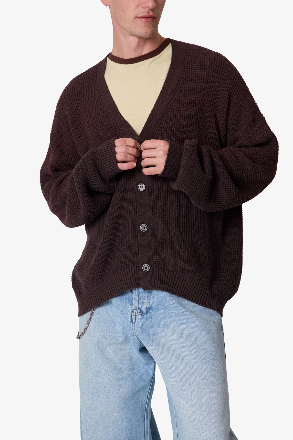 Waffle Cardigan Sweater - Brown