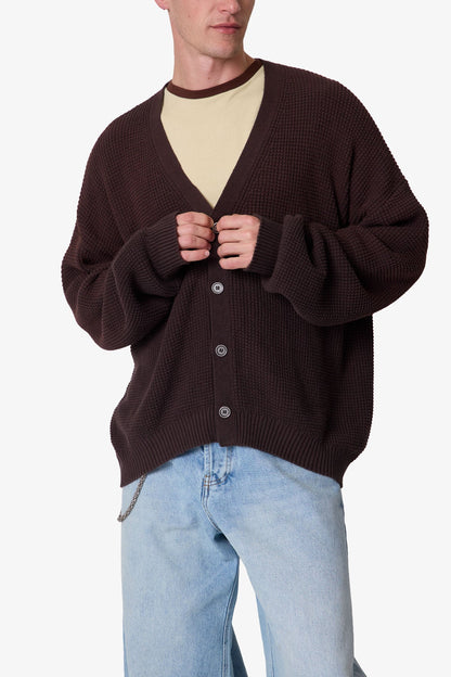 Waffle Cardigan Sweater - Brown