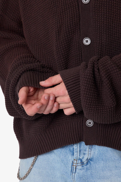 Waffle Cardigan Sweater - Brown