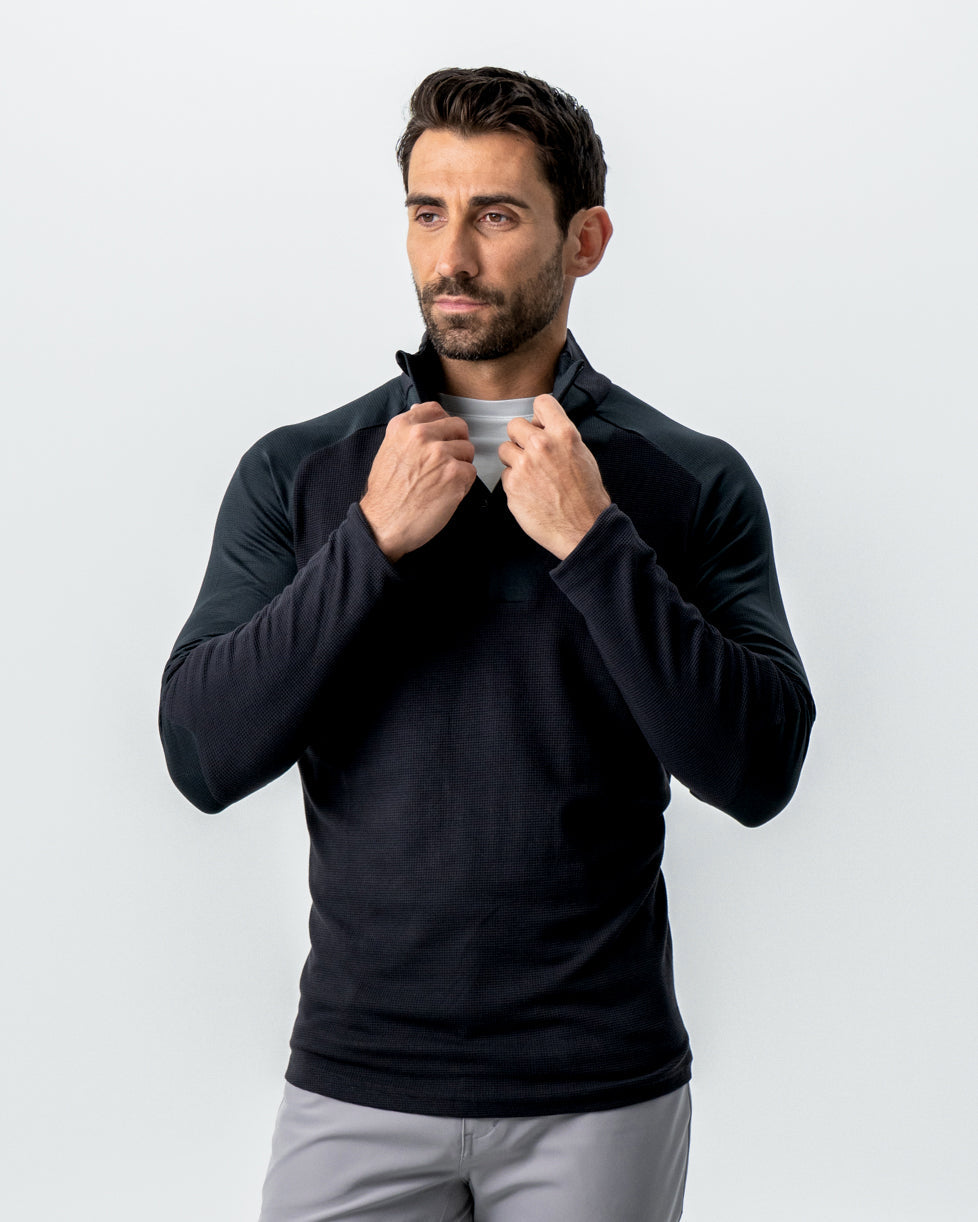 Waffle Knit Quarter Zip - Solid Black