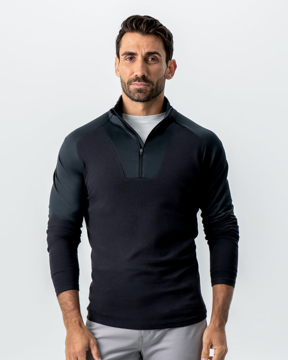 Waffle Knit Quarter Zip - Solid Black