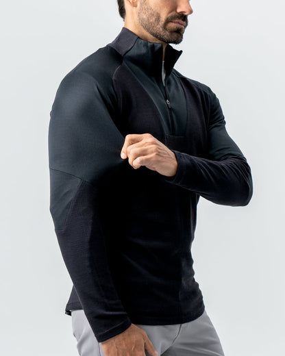 Waffle Knit Quarter Zip - Solid Black