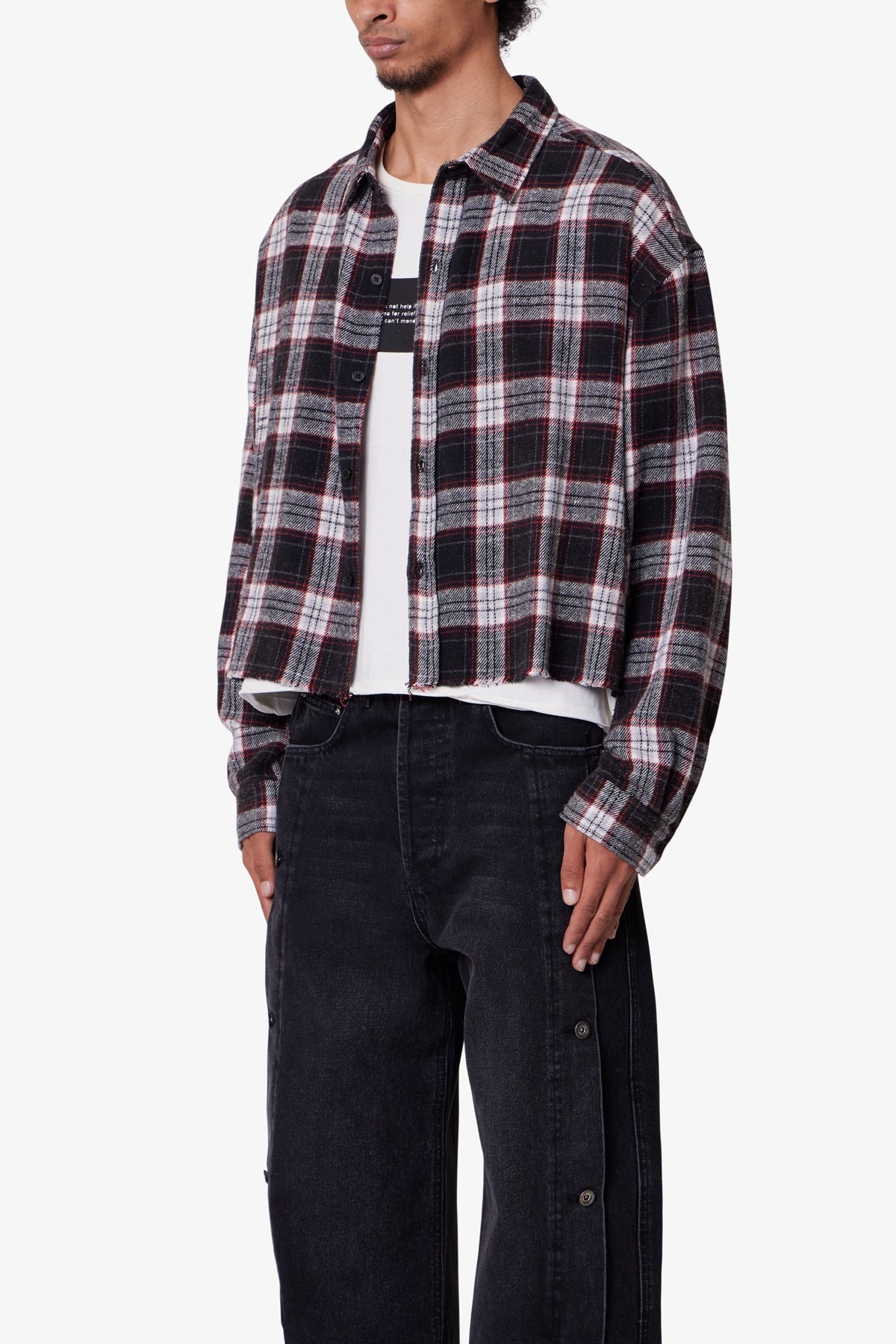 Washed Cropped Flannel Shirt - Black/White