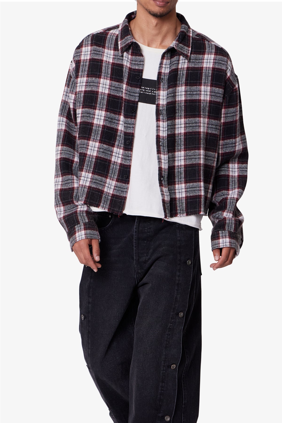 Washed Cropped Flannel Shirt - Black/White