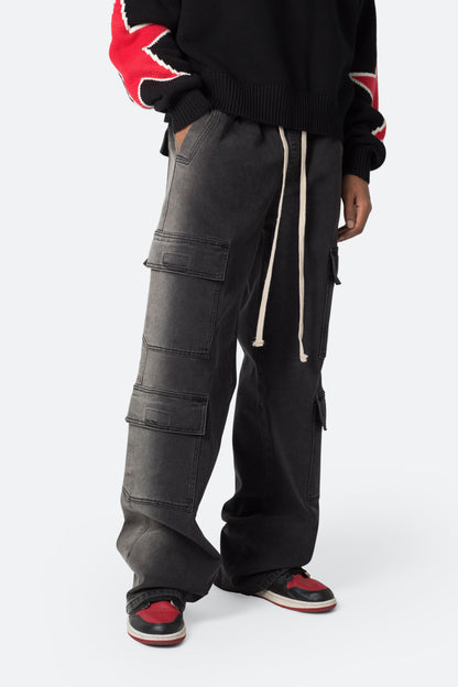 Washed Denim Drawcord Pants - Washed Black