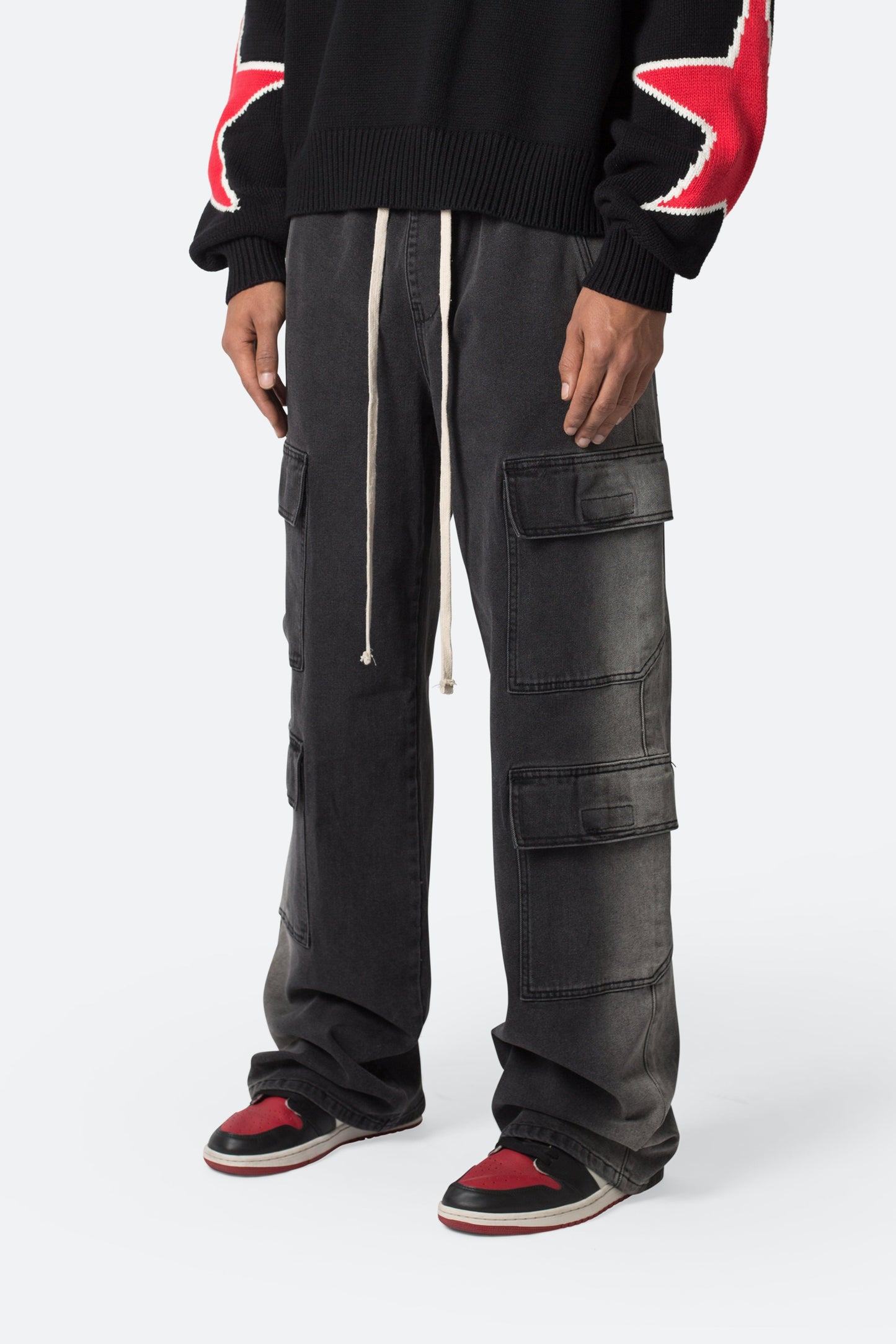 Washed Denim Drawcord Pants - Washed Black