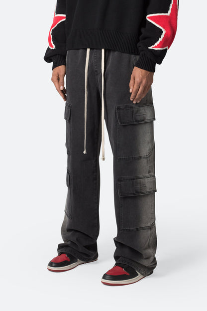 Washed Denim Drawcord Pants - Washed Black