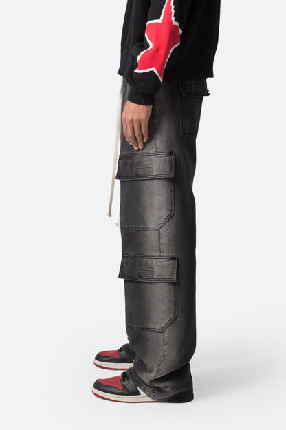 Washed Denim Drawcord Pants - Washed Black