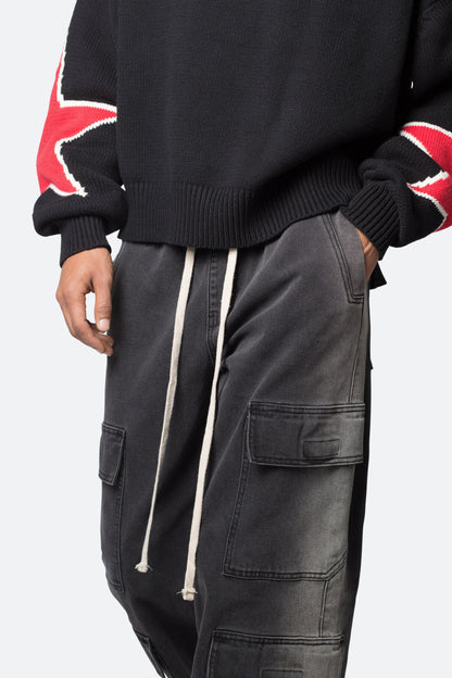 Washed Denim Drawcord Pants - Washed Black