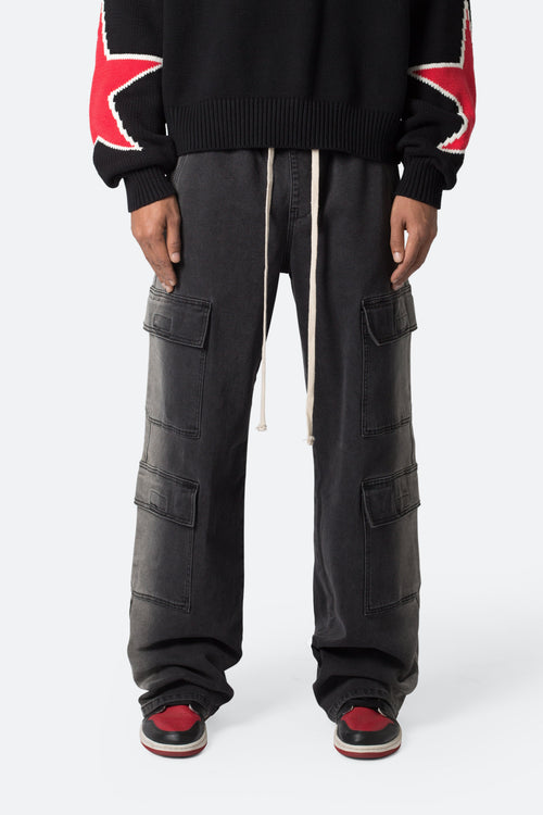 Washed Denim Drawcord Pants - Washed Black