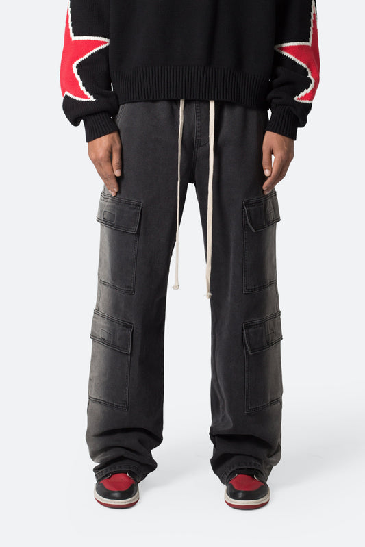 Washed Denim Drawcord Pants - Washed Black