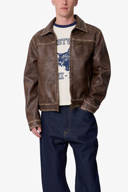 Washed Leather Jacket - Brown