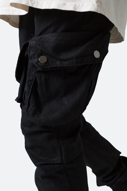 Waxed Denim Cargo Pants - Black