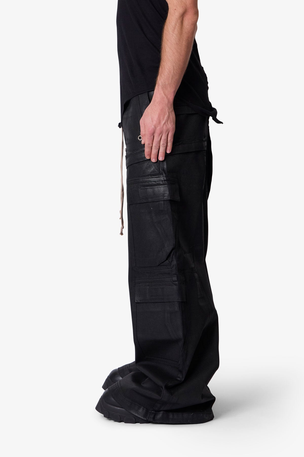 Waxed Rave Seam Cargo Pants - Black