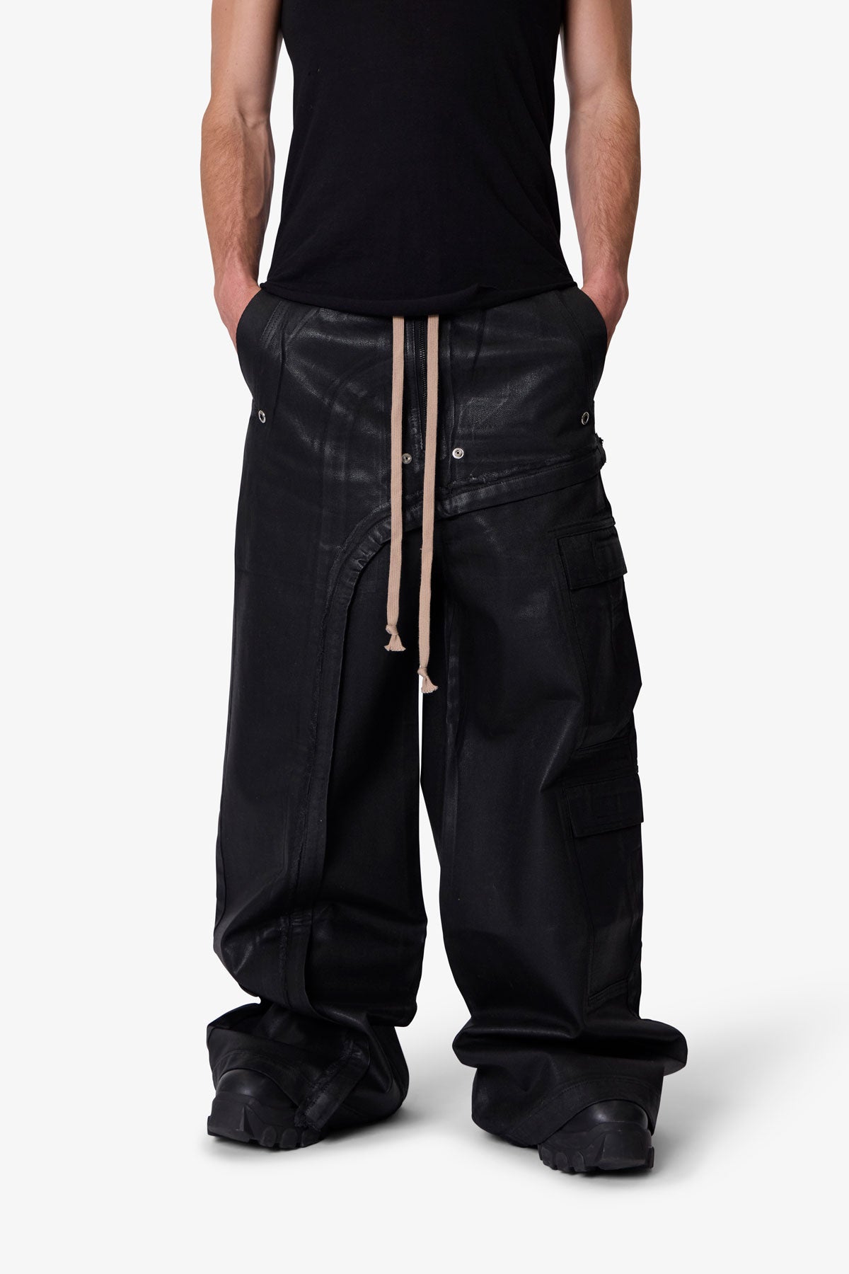Waxed Rave Seam Cargo Pants - Black