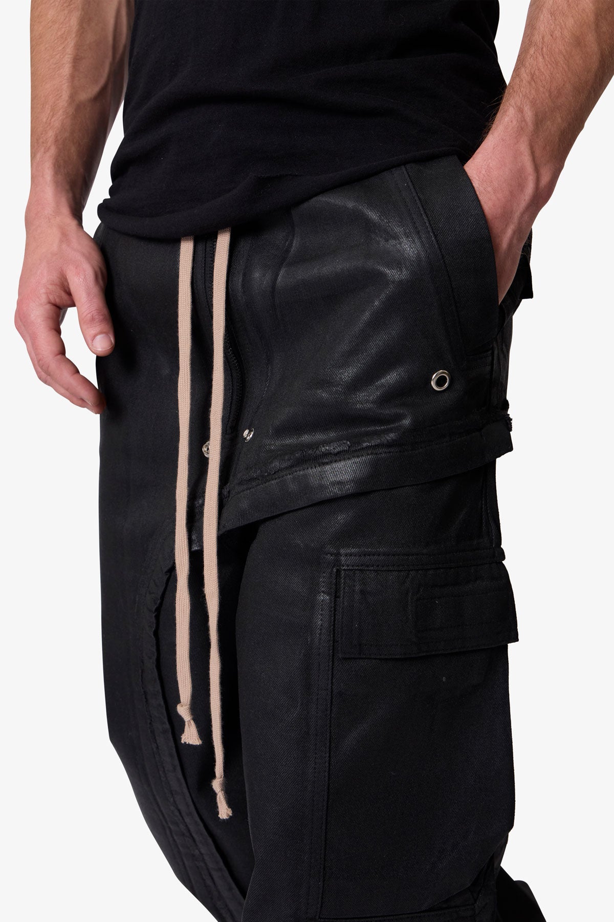 Waxed Rave Seam Cargo Pants - Black