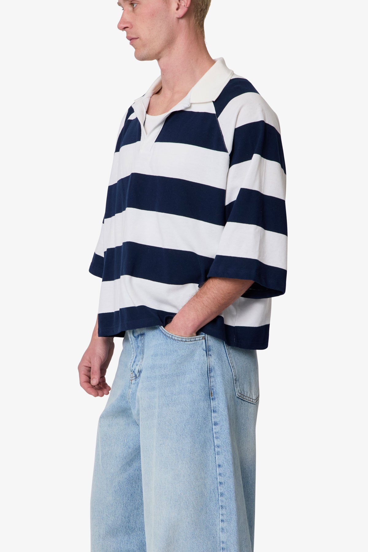 Wide Striped S/S Polo Shirt - White/Navy
