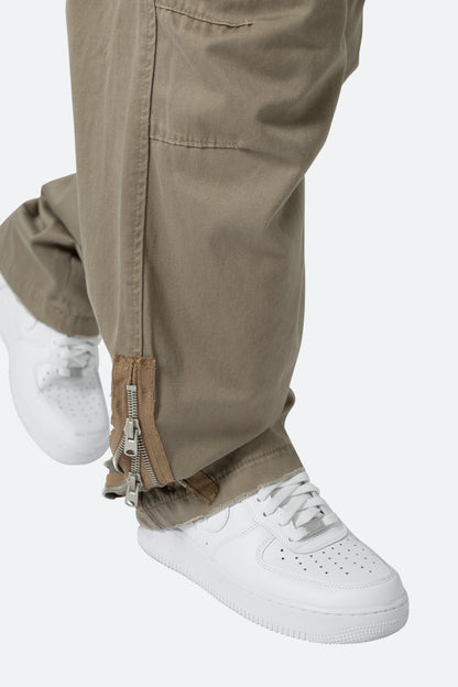 Zipper Denim Cargo Pants - Khaki