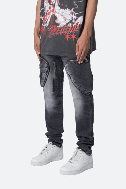 Zipper Inseam Cargo Denim - Washed Black