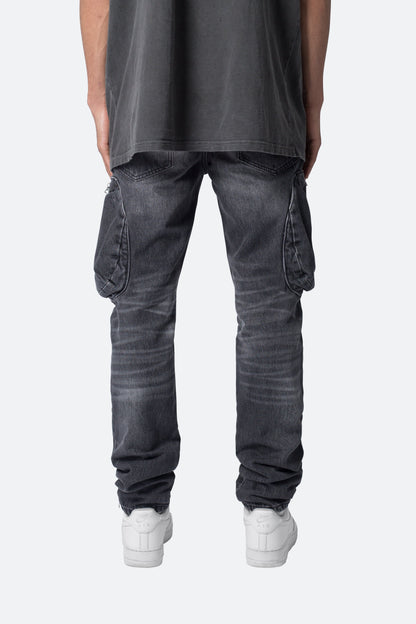 Zipper Inseam Cargo Denim - Washed Black