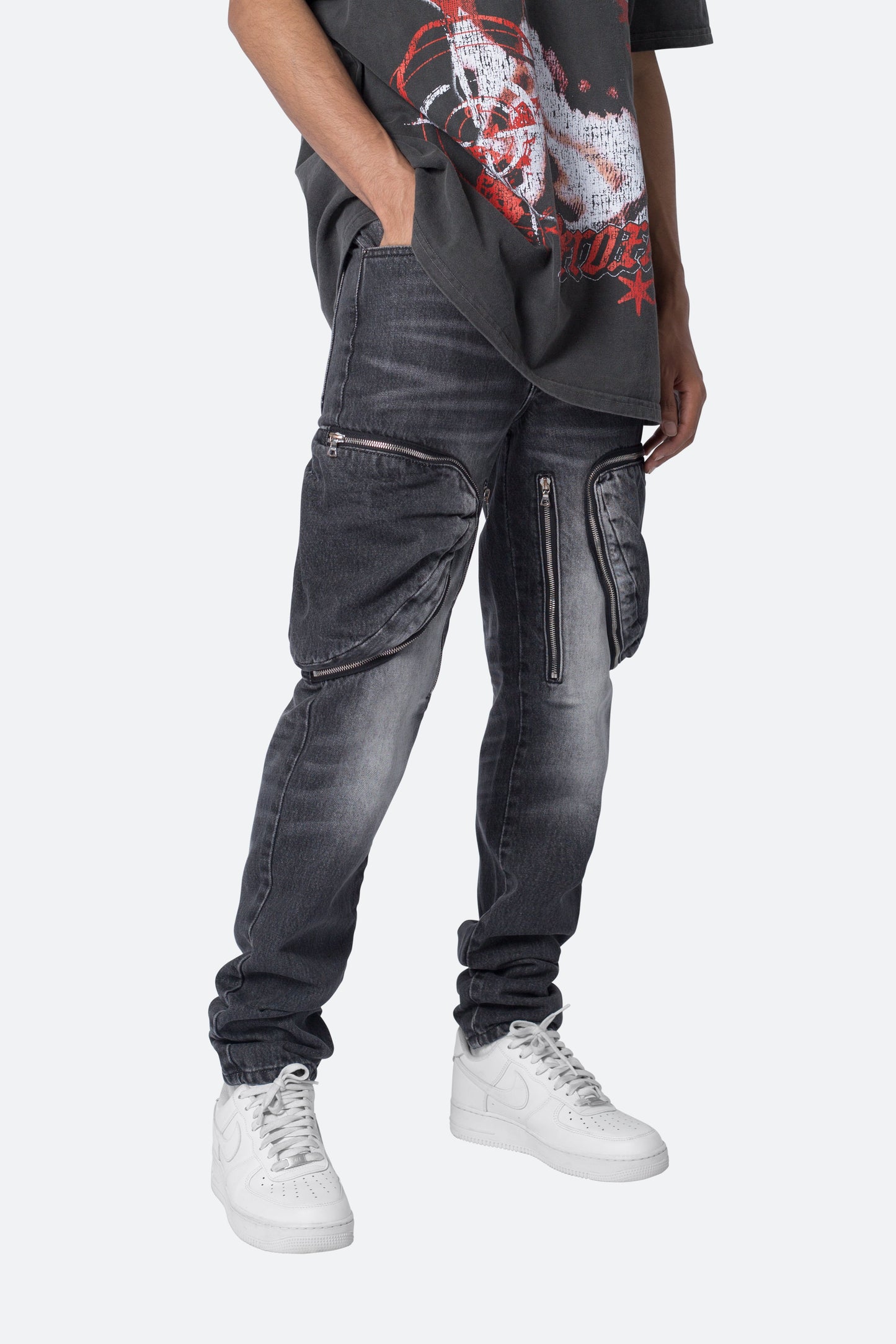Zipper Inseam Cargo Denim - Washed Black