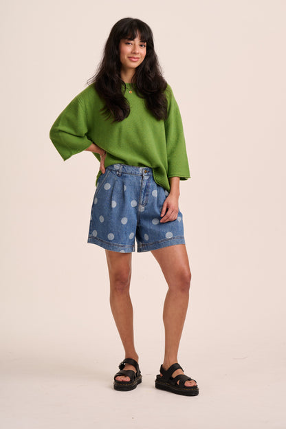 Olive Pleated Denim Shorts - Polka Dot