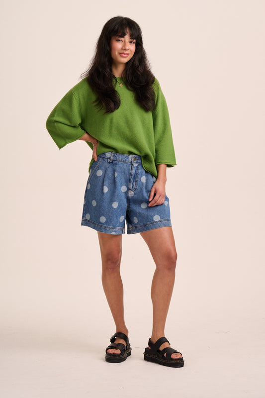 Olive Pleated Denim Shorts - Polka Dot