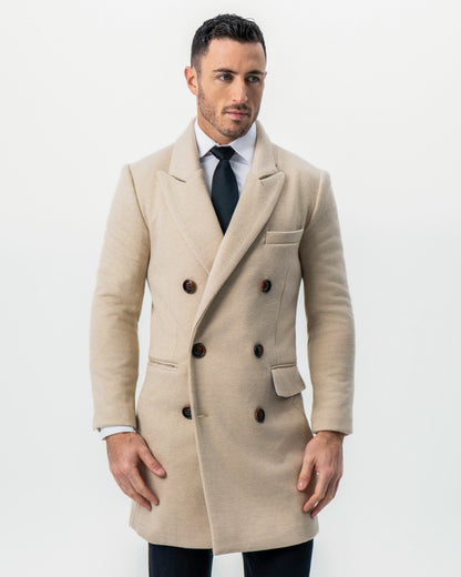 Double Breasted Overcoat - Tan Herringbone