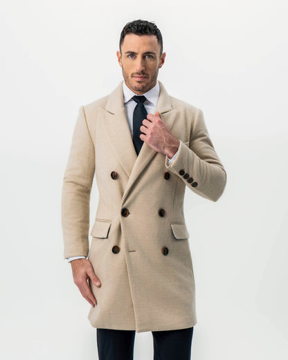 Double Breasted Overcoat - Tan Herringbone