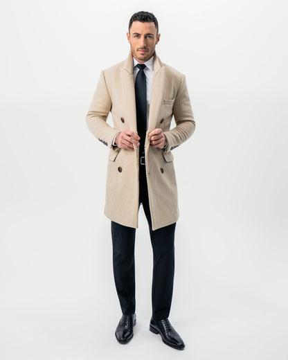 Double Breasted Overcoat - Tan Herringbone