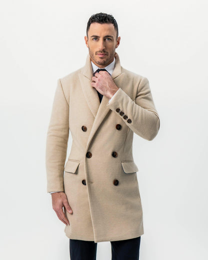 Double Breasted Overcoat - Tan Herringbone