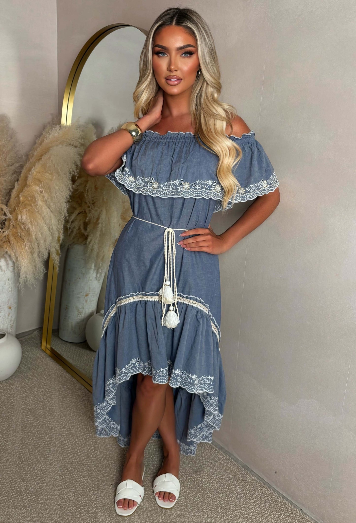 Flirt And Frill Blue Bardot Boho Lace Trim Chambray Dress