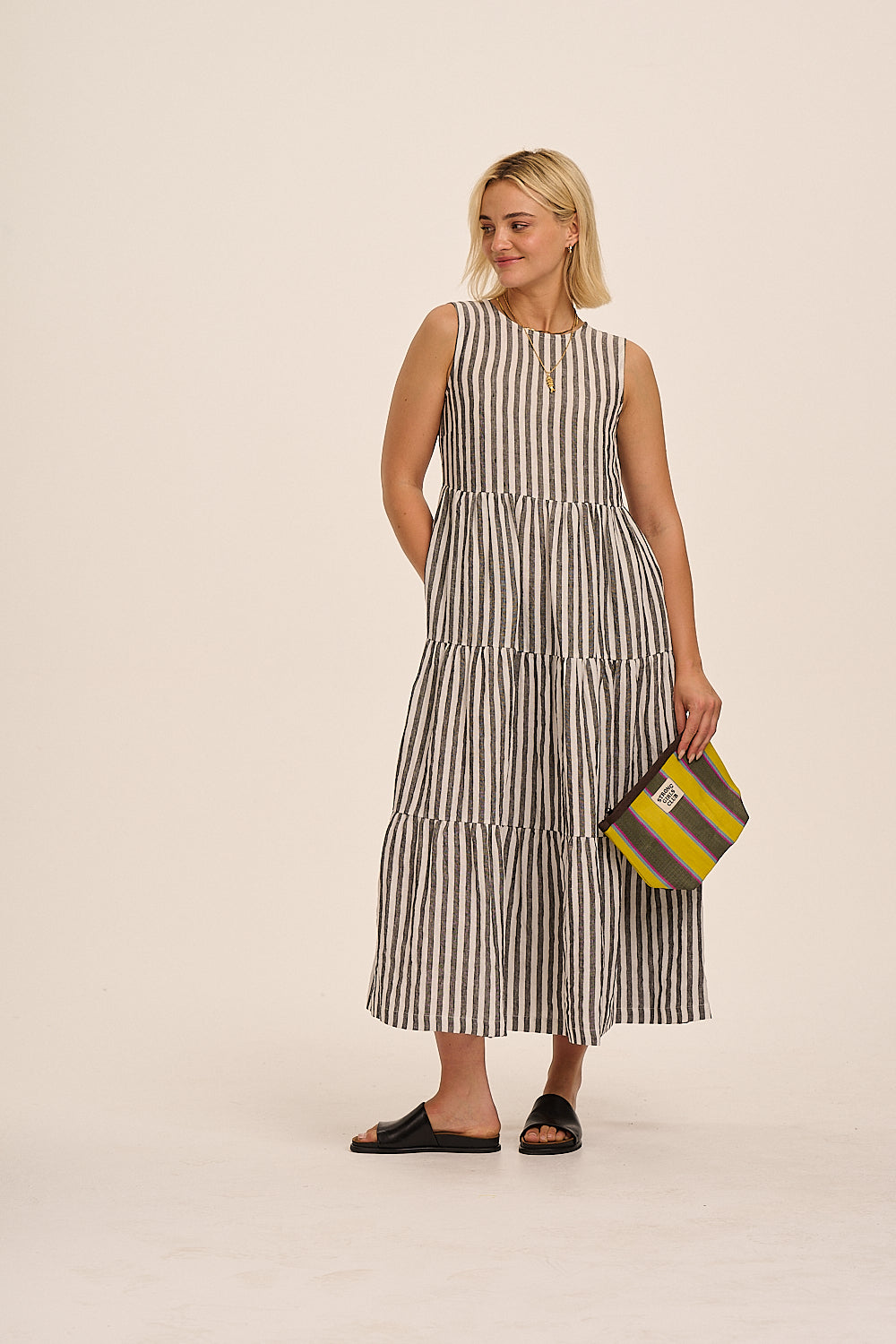 Recycled Nylon Striped Pouch - Yellow & Khaki